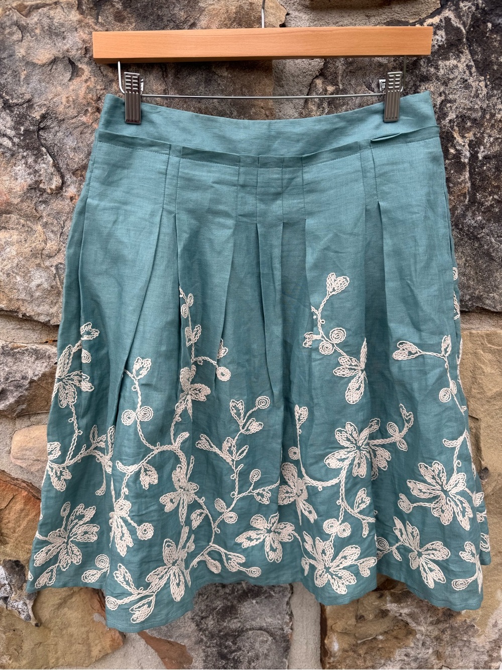 Talbots Petites 2P 100% Linen Teal Floral Embroidered Pleated Skirt Cottagecore